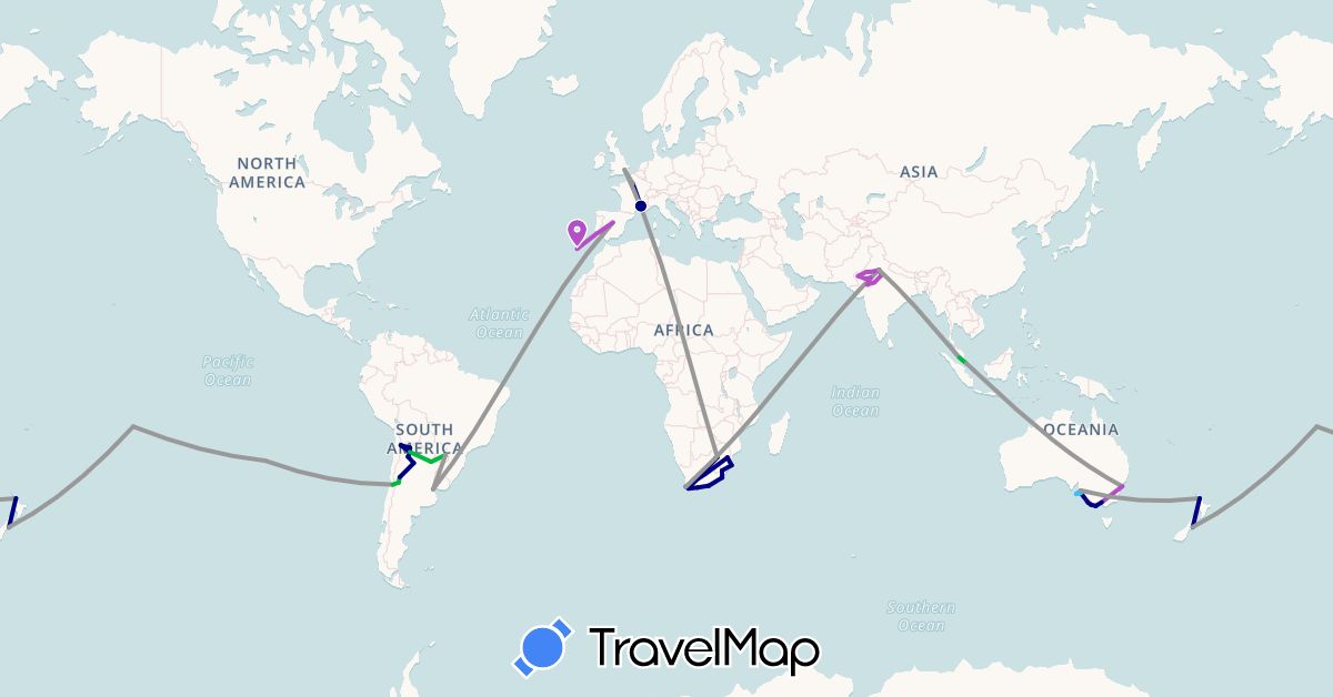 TravelMap itinerary: driving, bus, plane, train, boat in Argentina, Australia, Chile, Spain, France, United Kingdom, India, Malaysia, New Zealand, French Polynesia, Singapore, Swaziland, South Africa (Africa, Asia, Europe, Oceania, South America)