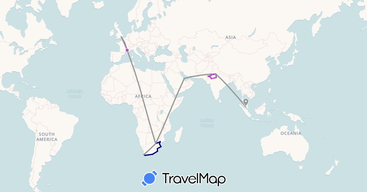 TravelMap itinerary: driving, plane, train in France, United Kingdom, India, Malaysia, Qatar, Swaziland, South Africa (Africa, Asia, Europe)