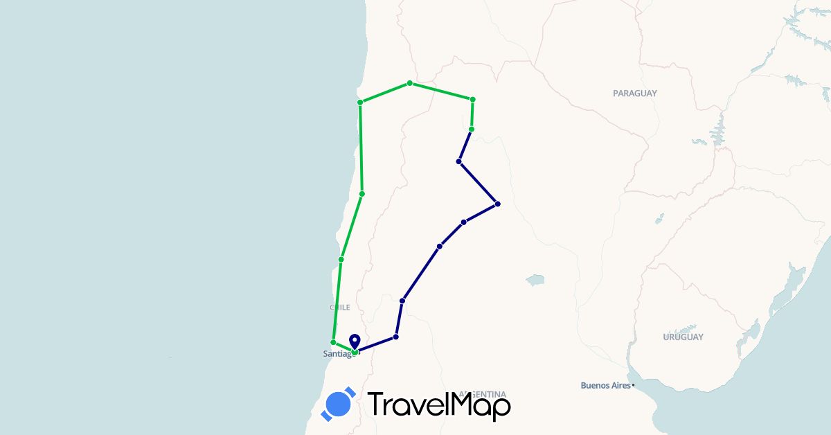 TravelMap itinerary: driving, bus in Argentina, Chile (South America)